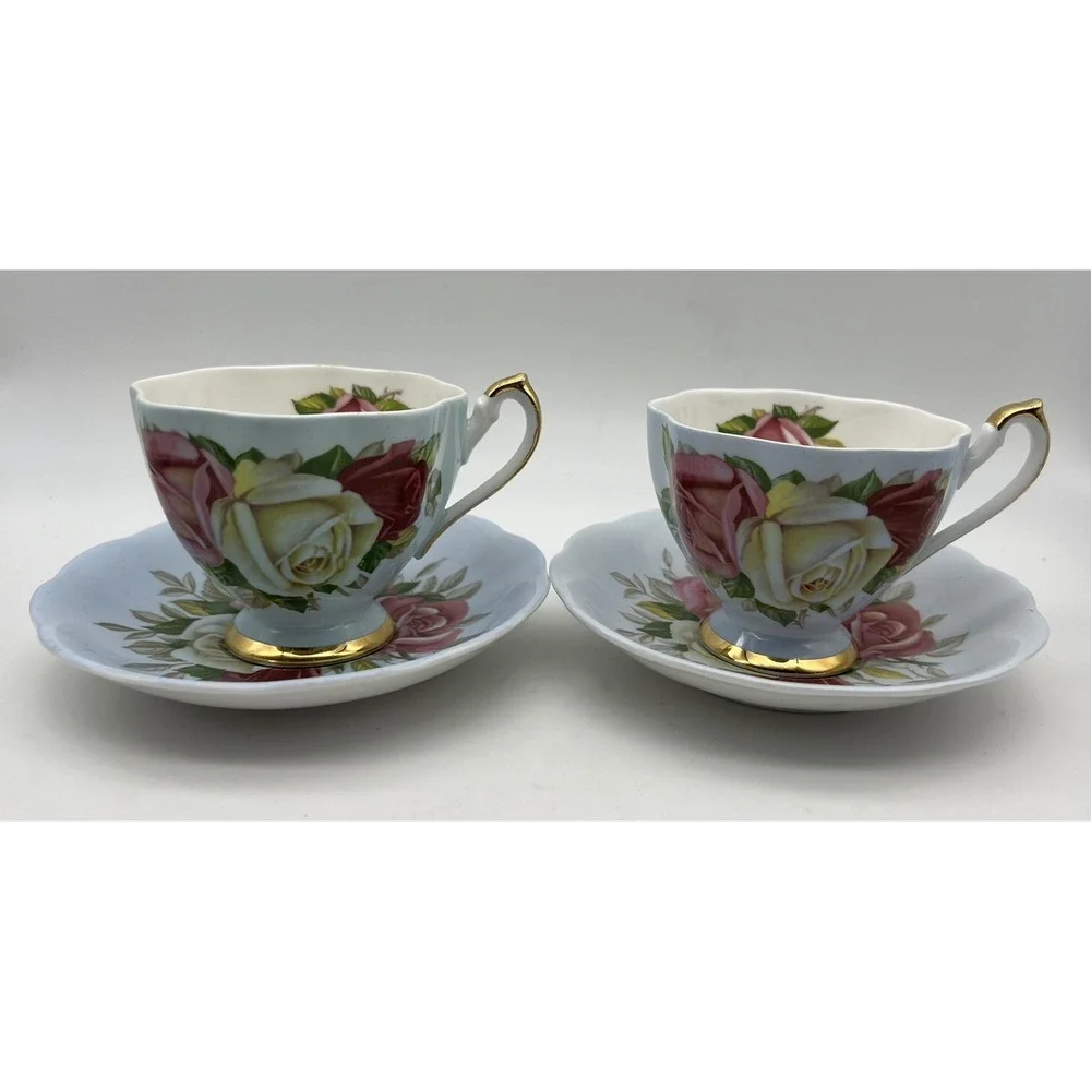 Vintage Queen ANNE Blue CABBAGE ROSE Cup & Saucer Set of 2